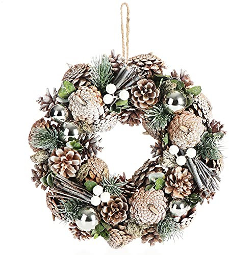 COM-FOUR® Türkranz Weihnachten - Adventskranz mit Pinienzapfen und Christbaumkugeln - Dekokranz - Weihnachtsdeko - Tischkranz - Weihnachtskranz (silberfarben + weiße Kugeln)