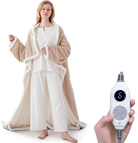 Westinghouse Electric Snuggle Throw Blankets with Foot Pocket, Wearable Heated Throw with Sleeves, 6 Heating Levels & 2 to 10 Hours Heating Time Settings, 50 * 70+18, Beige