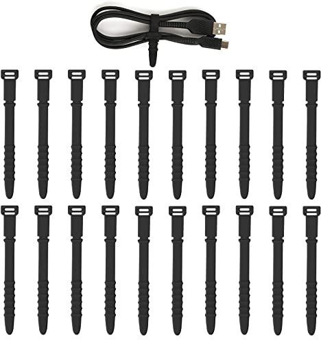 KINBOM 20 Pcs Silicone Cable Ties, Reusable Zip Ties Elastic Silicone Cord Keeper Tie Wraps Zip Tie Cable Management for Wire Sealing Bags Headphone Home Office Supplies (Black)