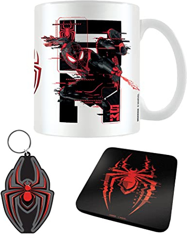 Marvel Spider-Man Tasse, Untersetzer, Schlüsselanhänger (Web Glitch Miles Morales Design) Geschenk-Set - Offizielles Merchandise, Rot