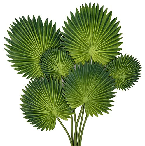 Oairse 6 hojas de palma artificiales para decoración de jarrones, tallos de vegetación tropical sintética en 3 tamaños, planta de palma falsa para decoración del hogar, jardín, fiesta, boda, centro de