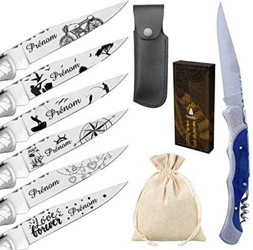 Gravure Events - Couteau Laguiole personnalisé avec dessin et prénom gravé. Cadeau pour homme : fête des pères, papa, tonton, grands pères (papi, papy) anniversaire, noël Bleu (Avec Tire Bouchon)