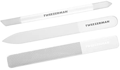 TWEEZERMAN Nagelpflege Set aus Glas (4 Teilig, Professionelle Maniküre und Pediküre, mit Nagelfeile und Nagel Buffer), Weiß