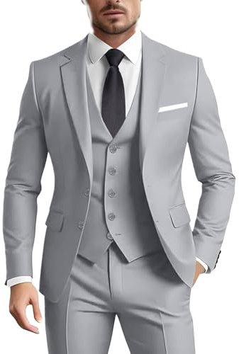 Herrenanzug, 3-teilig, schmale Passform, formell, Business, Hochzeit, 2 Knöpfe, Blazer, Weste, Hose, Smoking, Hellgrau, 3XL