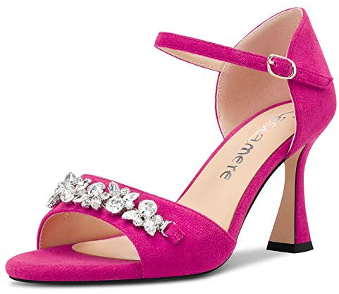Castamere Donna Medio Tacco Heel Aperte sulla Punta Cinturino alla Caviglia Diamante Cristallo Sandali da Matrimonio Ballo 8.5 CM Heels Magenta Rosso Scamosciato A 38 EU