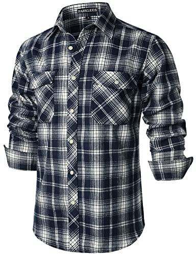 PARKLEES Chemise décontractée à carreaux en flanelle boutonnée avec poches pour homme, coupe régulière, bleu marine, L