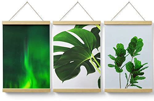 Feeby Posterleiste Set 3 Bilder Monstera Blätter Aurora 40x60 cm Magnet Halter Leisten Posterhänger Wohnzimmer Bild Bilder Bilderleiste Bilderrahmen aus Echtholz Teakholz Pflanzen Nebel Wald Grün
