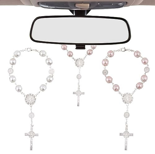 Heiliger Auto-Rosenkranz, 10 mm Glasperlen mit Blumen-Armband, rosa Autozubehör, für LKW, Fahrrad, Motorrad, Auto, Spiegel, hängende Accessoires, Dekorationen