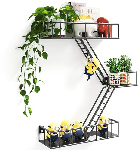 MVPSONAG Scaffale da parete in metallo a scala antincendio, 3 ripiani neri antincendio con cestini, espositore per statuette di azione New York, mensole decorative rustiche galleggianti da parete per