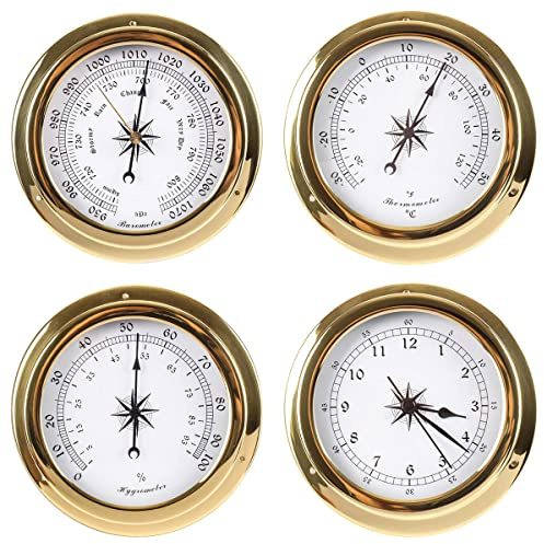 Analog Weather Station,4pcs Wall Mounted Thermometer Hygrometer Barometer Clock,Weather Barometer for Indoor Outdoor,Barometric Pressure Gauge for Wall,Fishing Boat,Baby Room,Office