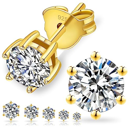 KRKC&CO Moissanite Ohrringe Silber 925, 3,0 Karat echter runde Moissanit Diamant, VVS1 Reinheit D Farbe, 14K Gelbgold vergoldet allergiefrei, 6-Steg-Krappenfassung, Geschenk für Damen Frauen, 7,5mm