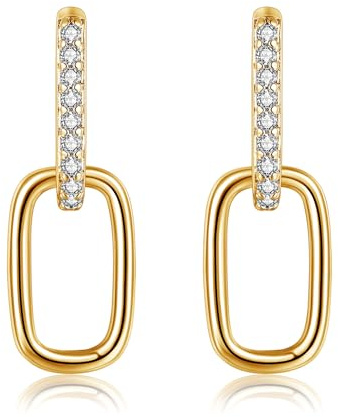 Deyanse Silver Double Oval Hoop Earrings for Women, 925 Sterling Silver Convertible Link Earrings, Hypoallergenic Paperclip Link Chain Earrings with Zircon, Small Drop Dangle Huggies Round Earring