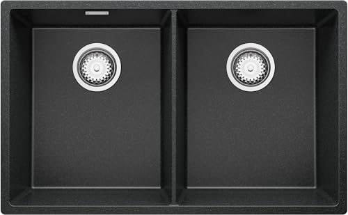 PRIMAGRAN Evier sous Plan au Meuble 80cm + Kit de Vidage, 76x47cm | Set: Kit de Vidage (Siphon, bonde d’évacuation, trop-plein) + Evier en Granit 2 bacs - London Twin, Graphite