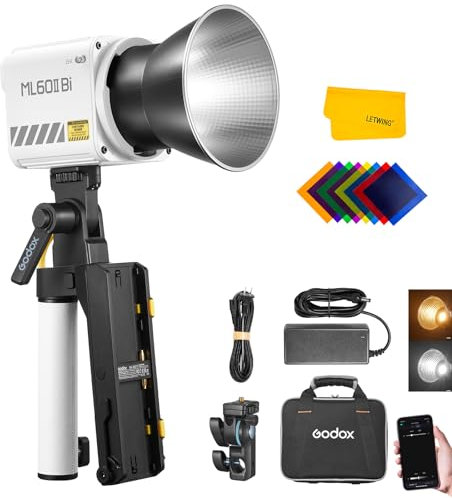Godox ML60IIBi Tragbares LED Videoleuchte, 70W Studiolicht 2800–6500 K CRI 96+ TLCI 97+, 11 FX-Lichteffekte, APP-Steuerung mit Batterie Zubehör Kit AK-B01 Bügelgriff