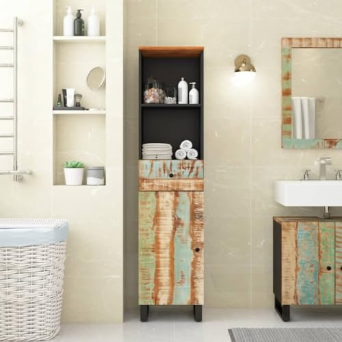 Gecheer Badschrank Badezimmerschrank Beistellschrank Badkommode Sideboard 38x33x160 cm Altholz Massivholz