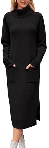 Arach &Cloz Abito in Maglia da Donna, Lungo Abito Invernale in Lana, Dolcevita con Tasca