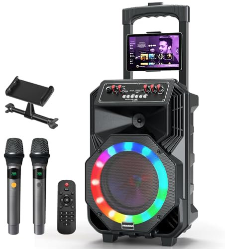 HUABAO Macchina per karaoke con 2 microfoni wireless, ruote girevoli e carrello, altoparlante Bluetooth portatile 8800 mAh, sistema PA con luci, regolazione bassi/alti/eco per feste, interni ed