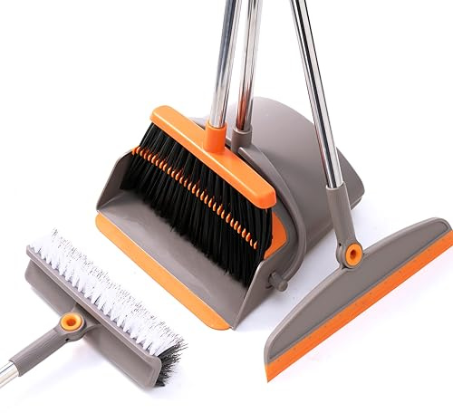 Multifunction 3-in-1 Broom and Dustpan, Silicone broom Squeegee and Scrub Brush Set with Long Adjustable Handle for Indoor & Outdoor Sweeping and Scrubbing, Ideal for Pet Hair, Liquids Spills and Dirt