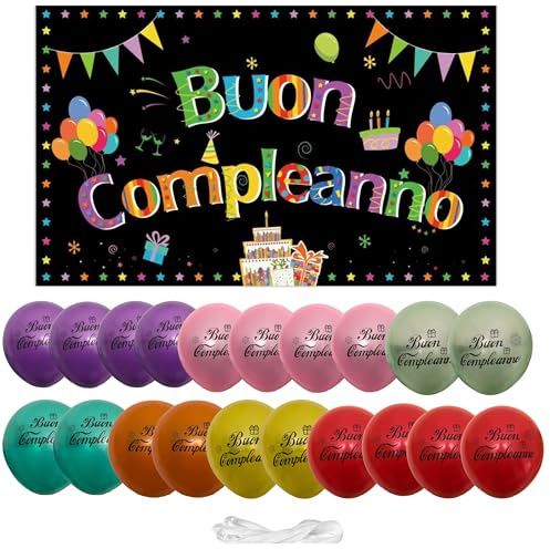 ® IM | Striscione Buon Compleanno 110x180 cm+ 12 Palloncini con scritta BuoN compleannO in Italiano da Appendere | Palloncino compleannO| Decorazioni. (MULTICOLORE)