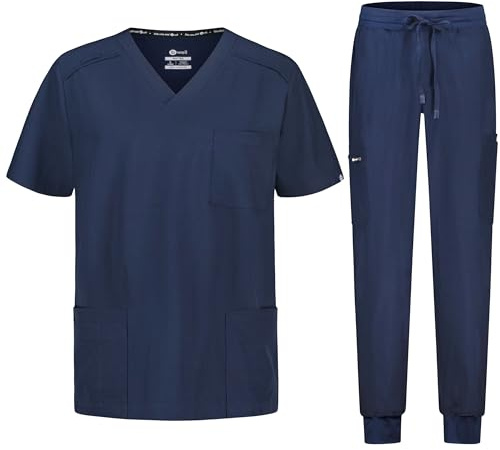 B-well Matteo Divisa Sanitaria Uomo Elastica | Uniforme Sanitaria Uomo | Set con Casacca e Pantalone Jogger |Divise Sanitarie Uomo con Spandex, Blu, S