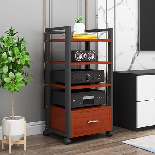 SGKOMN 4-Tier Movable Audio Tower AV Media Stand CD Player Stand Stereo Component Storage Cabinet and Open Media Center with Height Adjustable Wooden Shelf a(C-60X40X100CM)