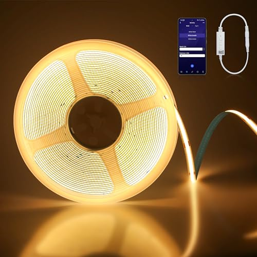 Aurevita Striscia LED COB da 5 m, luce bianca calda, controllo app, dimmerabile e accorciabile, 1600 LED, CRI 90+, design senza punti, striscia luminosa a risparmio energetico