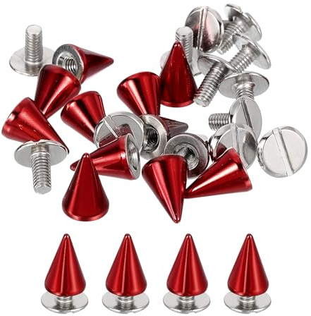 QUARKZMAN 16 Juegos de Kit de Púas y Tachuelas, Púas Cónicas de 7mm Tachuelas Punk Rock Remaches con Tornillos Traseros Tornillos de Remache Rápido para Manualidades en Cuero, Rojo