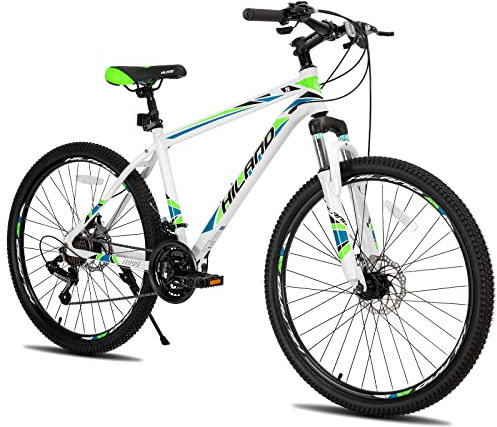 Hiland 26 Inch Mountain Bike, Aluminium Frame 21 Speed MTB with Disc Brake Suspension Fork, Mountain Bike For Men Women White