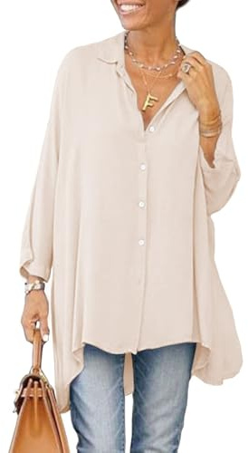 Cicy Bell Damen Bluse Oversized Langarm Button Down Hemdbluse V-Ausschnitt Sommer Satin T-Shirt Elegant Oberteile Shirt Einfarbig Casual Tops Beige M