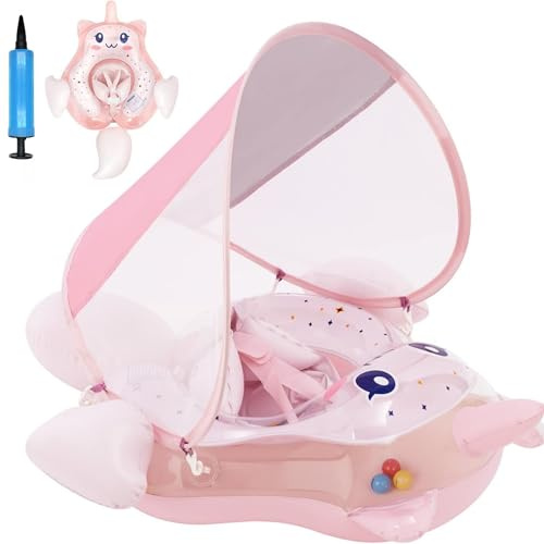 ROCKY&CHAO Schwimmring Baby mit UPF50+ Sonnenschutzdach Aufblasbare Schwimmhilfe Verstellbarer Sicherheitssitz Kleinkind Pool Schwimmring Schwimmtrainer für Kinder von 3 bis 36 Monaten (rosa2024