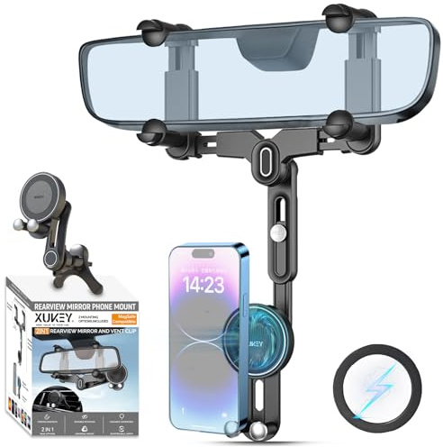 XUKEY Rückspiegel Handyhalterung für MagSafe 360 ° Drehbar 2 in 1 Universal | Auto Rückspiegel Telefonhalter, Einziehbar Handyhalter für iPhone Huawei Xiaomi Smartphone