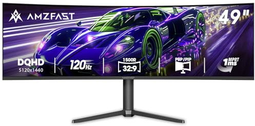 Amzfast 49 Inch Curved Monitor 120Hz DQHD (5120x1440) Ultrawide Gaming Monitor, 120% sRGB, 1500R, 1ms MPRT, HDR, Adaptive Sync, PIP/PBP, Height Adjustable, HDMI 2.0/DP 1.4, VESA 75x75, AMZG49C7U