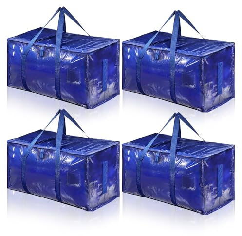 Pack de 4 Bolsas de Mudanza 90L Extra Grandes, Impermeables con Cremallera y Asas Resistentes, Bolsas de Almacenamiento para Ropa, Edredones y Viajes (Azul 4PCS)