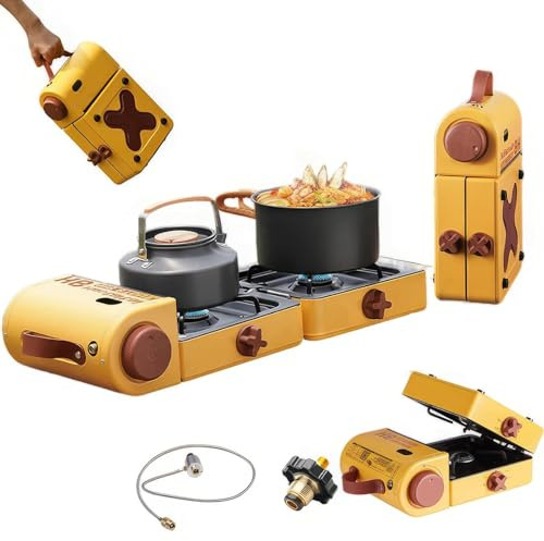 Réchaud à gaz Portable de Camping à gaz Poignée de Transport Facile, 2 brûleurs réglables et allumage piézoélectrique, Compatible avec Le mélange de Carburant isobutane