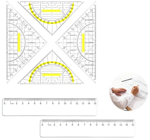 6 unidades Regla de escuadra transportadora, con 2 x Escuadra Escolar 22,5 cm, 2 x transportador, 15,7 cm, mango 2 unidades de regla, 15 cm, escuadra escolar, kit de geometría para estudiantes de