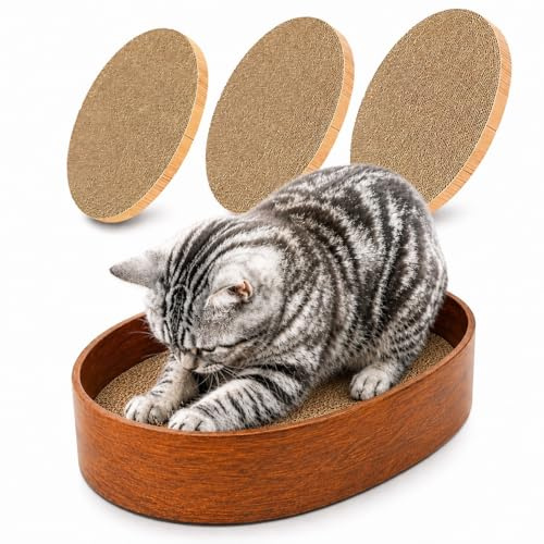 Kratzbrett Katze rund aus robuster Kratzpappe – Ovales Katzenkratzbett mit 3 austauschbaren, doppelseitigen Pappen für Krallenpflege & Krallenschleifen – Lounge für Hauskatzen – Tattimo