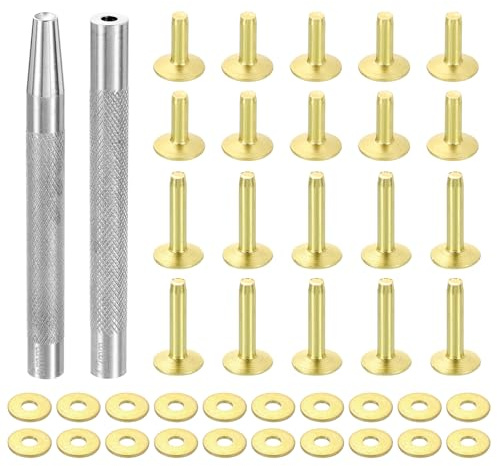 QUARKZMAN 20 Set Remaches y Roblones 12x4x12mm y 12x4x19mm Tonos Dorados | de Cobre, Fijadores Sólidos para Cuero, con Herramienta para Manualidades DIY