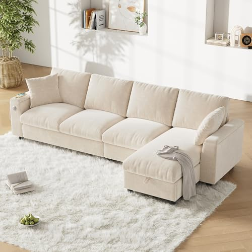 Chenille-tygsoffa, L-format hörn och två armstöd med förvaringsutrymme. Utfällbart soffbord med två mugghållare, 1 USB och 1 typ C. L-formad del kan placeras vänster eller höger. Beige