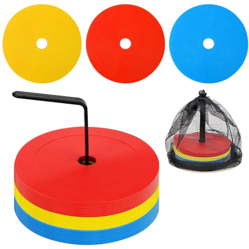 SKJJM 24er Markierungsscheiben 15 cm Hütchen Fussball Flach, rutschfeste Fussball Hütchen Set mit Organizerhalter, Floormarker für Indoor & Outdoor-Training, Spielfeldmarkierung und Dribbling Übungen