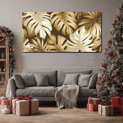 ZORYAN Monstera Dorata Stampe su Tela Pianta Della Giungla Astratta Quadri Moderni per Salotto Botanico Glamour Decorazione da Parete Grandi Immagine per Camera da Letto con Cornice 60x120 cm