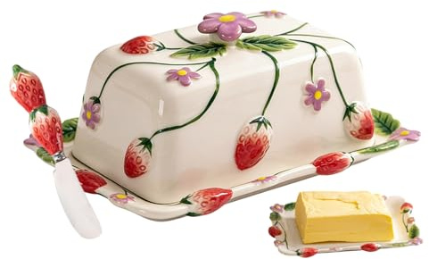 Vintage Cute Ceramic Butter Dish with Lid: Butter Storage Container with Mini Butter Knife for Home, Kitchen, Keeping Butter Fresh and Clean, Practical Gift Idea, Mushroom (Pink, 19×14×8cm)
