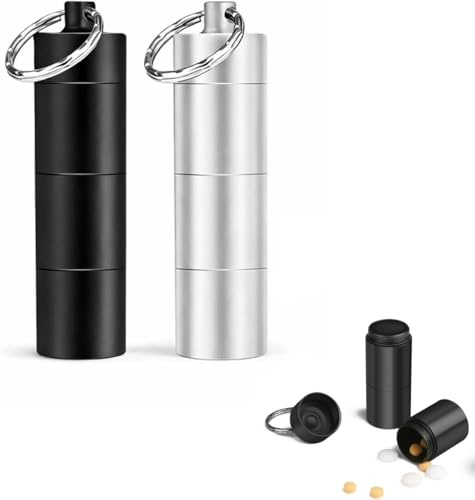 2 Pack Pillendose Schlüsselanhänger Wasserdicht mit 3 Teilbaren Fächer, Kleine Tablettendose für Reisen Wandern Camping (Schwarz, Silber)