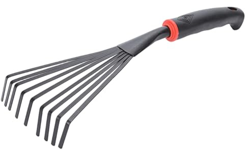 Rastrello da giardino a mano, rastrello a mano, piccolo giardino in acciaio inossidabile 9 denti con manico in plastica, strumenti sospesi per giardinaggio, diserbo, trapianto e scavo per l'uso quo