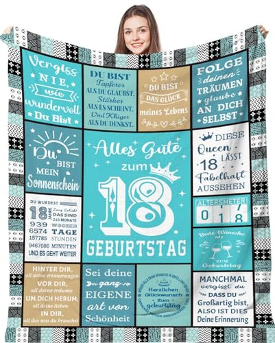 Aeoauter Geschenke zum 18 Geburtstag Mädchen Kuscheldecke 150 x 200 cm | Personalisierte 18. Geburtstag Decke Deko, Geschenk für 18-Jahre Tochter Schwester Beste Freundin Geschenkideen Flanelldecke