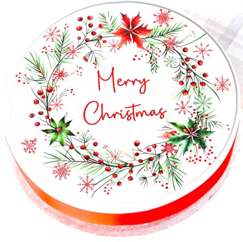 Christmas Cake Topper - Merry Christmas Wreath Cake Decoration - Edible Icing or Wafer - 7.5 / 19cm Round (Edible Wafer)