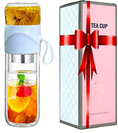 Theiere Infusion avec Filtre, Tasse Infuseur à Thé avec 320ml, Tasse à Thé avec Infuseur, Tasse de thé de fleur & fruits, Infuseur à fruits, En Verre sans BPA,Noël Cadeau pour la Famille (Blanc)