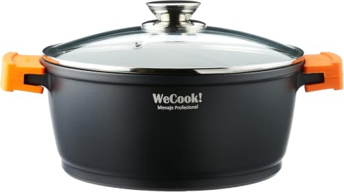 WECOOK! Ecochef Titanio Cazuela Alta Inducción Tapa de Cristal 32cm, 5 Capas Antiadherente QUANTANIUM Ecológico sin PFOA, Aluminio Fundido 5mm, 12,5cm Alto, Asas Silicona, Vitrocerámica, Gas, Horno | Aluminio fundido 5 mm, sin PFOA, inducción, gas, vitrocerámica, horno 230 °C, tapa cristal con válvula, asas silicona