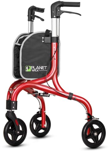 PLANETWALK Premium 3 Wheel Rollator Walker for Seniors – Ultra Lightweight Foldable Aluminum Mobility Aid with Height Adjustable Handle and 8 Inch Wheels, Brilliant Red
