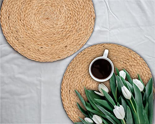 Farmhouse Reversible Jute Braided Placemat 13 Inch Round, Natural Braided Jute Burlap Hand Made Charger Placemat - A Beautiful complement to Your Dinner Table décor - Natural - Pack of 4