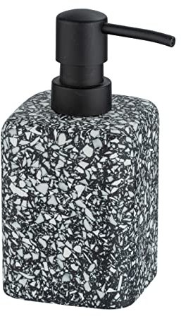 WENKO Distributeur Savon Liquide, Terrazzo à l'aspect de mosaïque, Distributeur à Pompe Rechargeable pour Le Savon Liquide, Accessoire de Salle de Bain en polyrésine, 8x16x9.5 cm, Noir/Blanc